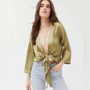 Urban Outfitters Nicole Satin Olive Tie-Front Blouse